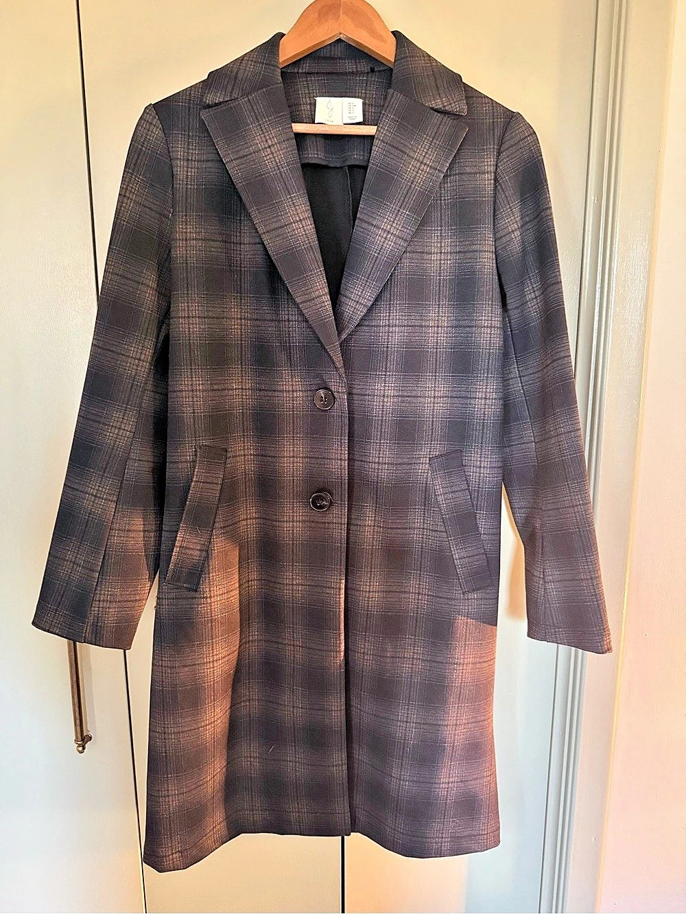 Joie Plaid Longline Blazer Coat Charcoal Taupe Size S